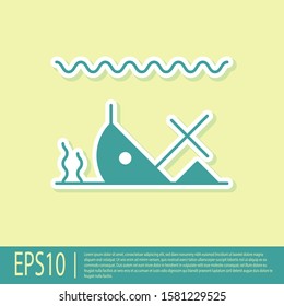Green Sunken ship at the bottom of the sea icon isolated on yellow background.  Vector Illustration
