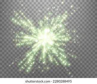 Green sunlight lens flare, sun flash with rays and spotlight. Glowing burst explosion on a transparent background.  
Vector illustration.
