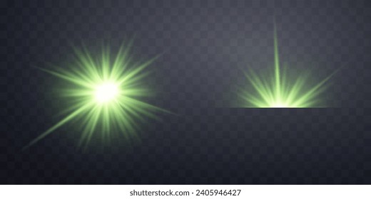 Green sunlight lens flare, sun flash with rays and spotlight. Glowing burst explosion on a transparent background. Vector illustration.