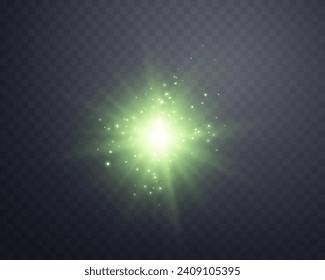 Green sunlight lens flare, sun flash with rays and spotlight. Glowing burst explosion on a transparent background. Vector illustration.