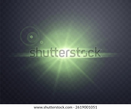 Green sunlight lens flare, sun flash with rays and spotlight. Glowing burst explosion on a transparent background. Vector illustration.