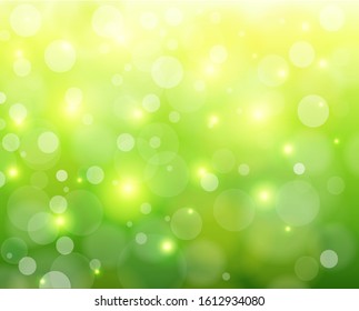 Green Sunny Background, Glittering Defocused Bokeh, Vector Illustration.