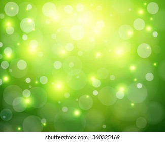 Green sunny background, glittering defocused bokeh, vector illustration.
