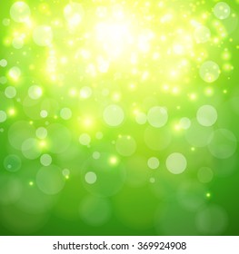 Arrière-plan vert ensoleillé, flou défocalisé scintillant, illustration vectorielle.