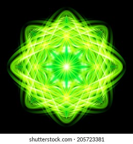 Green sunny flamy ornate decorative floral pattern on the black background. Eight patterns in different directions. 
