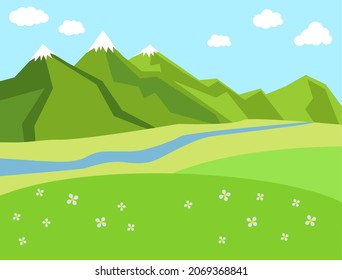 Green sunny lanscape with mountains, river and valley or medow. Cartoon vector illustration.