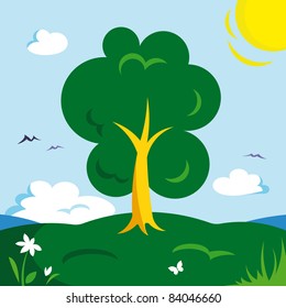 Green sunny summer landscape with tree and flowers - Vector