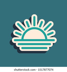 Green Sunset icon isolated on blue background. Long shadow style. Vector Illustration