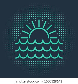 Green Sunset icon isolated on blue background. Abstract circle random dots. Vector Illustration