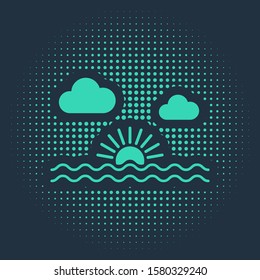 Green Sunset icon isolated on blue background. Abstract circle random dots. Vector Illustration