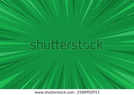 Green superhero comic background. Manga pop art halftone style background. Speed lines anime design