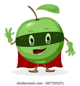 Green superhero fruit apple in costume, ripe delicious fruit. Vector character with eye, mouth, hands and legs wave hello, vegetarian food design isolated on white background