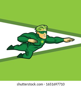 Superhéroe verde con Máscara Volando . Ilustración vectorial. 