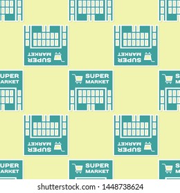 Green Supermarket building with shopping cart icon isolated seamless pattern on yellow background. Shop or store. Mall building.  Vector Illustration