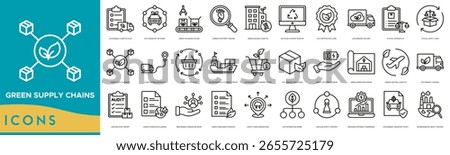 Green Supply Chains icon set. Sustainable Logistics Plan, Eco Transport Network, Green Packaging System, Carbon Footprint Tracker, Green Building Logistics and Recycled Content Monitor