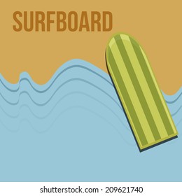 a green surfboard with stripes on the beach