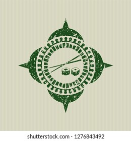 Green sushi icon inside distress with rubber seal texture