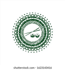 Green sushi icon inside distress rubber seal