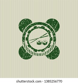Green sushi icon inside rubber stamp