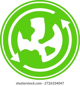 Grüne Nachhaltigkeitssymbole mit einem Globus mit kreisförmigen Pfeilen, die Recycling, globale Umweltpflege und umweltfreundliche Praktiken symbolisieren. Stellt erneuerbare Ressourcen, Umweltschutz und nachhaltige Entwicklung dar. Einzeln auf weißem Hintergrund. Bearbeitbare Vektorgrafik, geeignet für Logos, Branding, Web und Print.