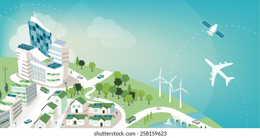 Green sustainable city banner with planet earth and sky, environmental care and ecology concept