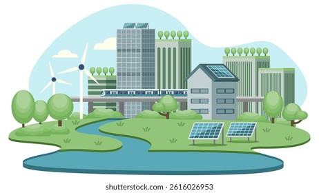 green sustainable city landscape size. urban forest, green building included architecture, green roof, solar cell, trees, windmill, skytrain, subway.	