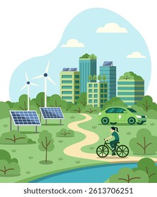 green sustainable city. urban forest, green building included architecture, green roof, solar cell, trees, windmill, biking, EV car,  river. flat illustration 