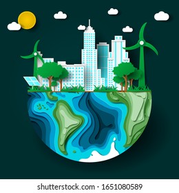 Green sustainable city with wind turbines and photovoltaic cells. Power saving, save the planet, earth day, renewable energy resources concepts. Vector illustration in paper cut origami style.