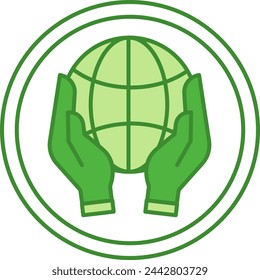 Icono de Desarrollo Sostenible Verde. Icono vectorial del planeta en manos humanas. Salvemos al planeta. Concepto de protección del medio ambiente