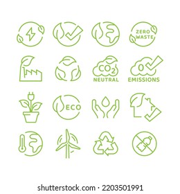 Green sustainable energy icons. Wind turbine, eco friendly building, recycled, renewable resources outlined vector icon set.
