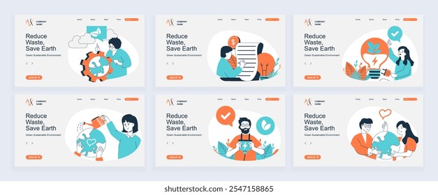 Green sustainable environment concept of landing page with slide templates set in flat design. Website headers with people take care of nature, using clean alternative resource. Vector illustrations.