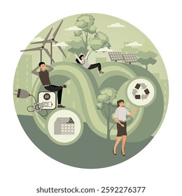 Green and sustainable environment with reusable energy source outline concept. Urban city scene with wind or solar electricity,  Save climate. Flat vector modern illustration 