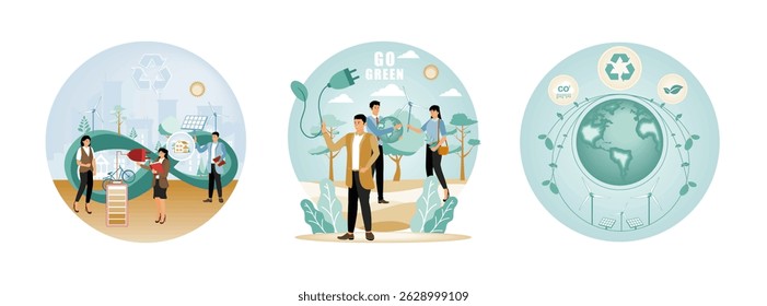 Descrição de um ambiente verde e sustentável com fontes de energia reutilizáveis. Grupo que defende soluções de proteção ambiental e energia sustentável. Terra sustentável com energia renovável.