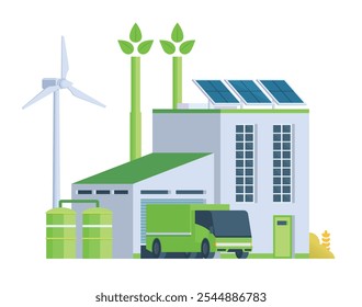 Green sustainable factory building vector illustration, flat style element for city and industry illustration