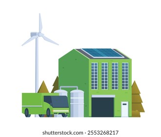 Green sustainable factory building vector illustration, flat style element for city and industry illustration.