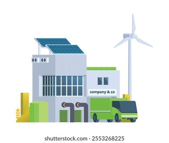 Green sustainable factory building vector illustration, flat style element for city and industry illustration.