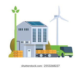 Green sustainable factory building vector illustration, flat style element for city and industry illustration.