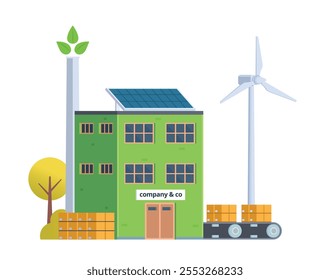 Green sustainable factory building vector illustration, flat style element for city and industry illustration.