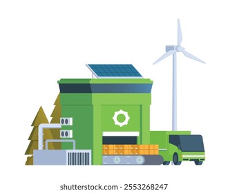 Green sustainable factory building vector illustration, flat style element for city and industry illustration.