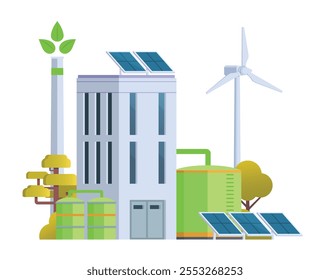 Ilustração vetorial de construção de fábrica sustentável verde, elemento de estilo plano para cidade e ilustração da indústria.
