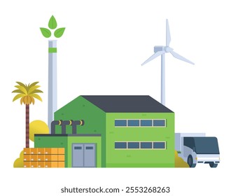 Green sustainable factory building vector illustration, flat style element for city and industry illustration.