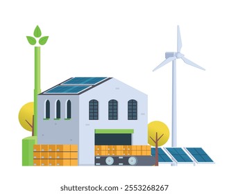 Green sustainable factory building vector illustration, flat style element for city and industry illustration.