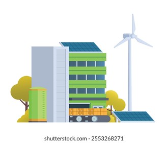 Green sustainable factory building vector illustration, flat style element for city and industry illustration.