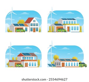 Green Sustainable House Building Set or Collection. Flat Design Concept.	