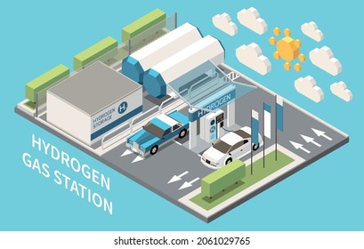 Green sustainable hydrogen energy gas fueling station isometric composition with storage tanks refueling cars trucks vector illustration