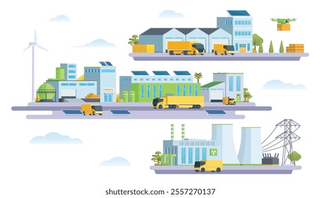 Green Sustainable Industrial Complex. Factory landscape scenery with street elements. Vector city illustration.