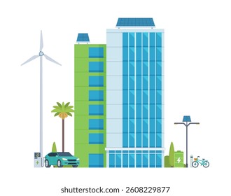 Green Sustainable Office Building Exterior with Solar Panels and Wind Turbines, Eco-Friendly Concept City Element. Vector illustration