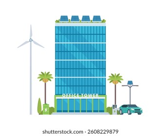 Green Sustainable Office Building Exterior with Solar Panels and Wind Turbines, Eco-Friendly Concept City Element. Vector illustration