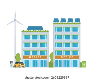 Green Sustainable Office Building Exterior with Solar Panels and Wind Turbines, Eco-Friendly Concept City Element. Vector illustration