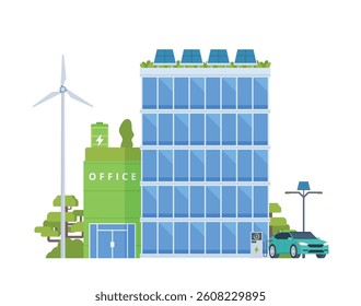 Green Sustainable Office Building Exterior with Solar Panels and Wind Turbines, Eco-Friendly Concept City Element. Vector illustration